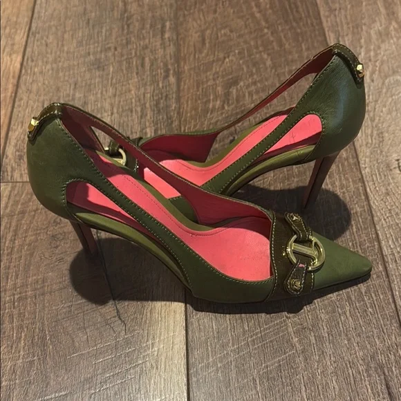 JUDITH LIEBER Olive Green Heels with Gold Accents - Picture 1 of 6
